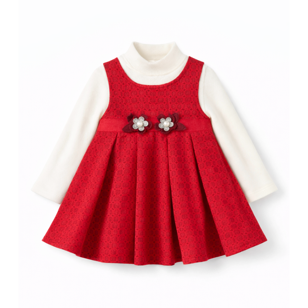 Baby Girl Red Jacquard Dress with Inner Top - فستان أحمر بقماش جاكار مع بلوزة داخلية