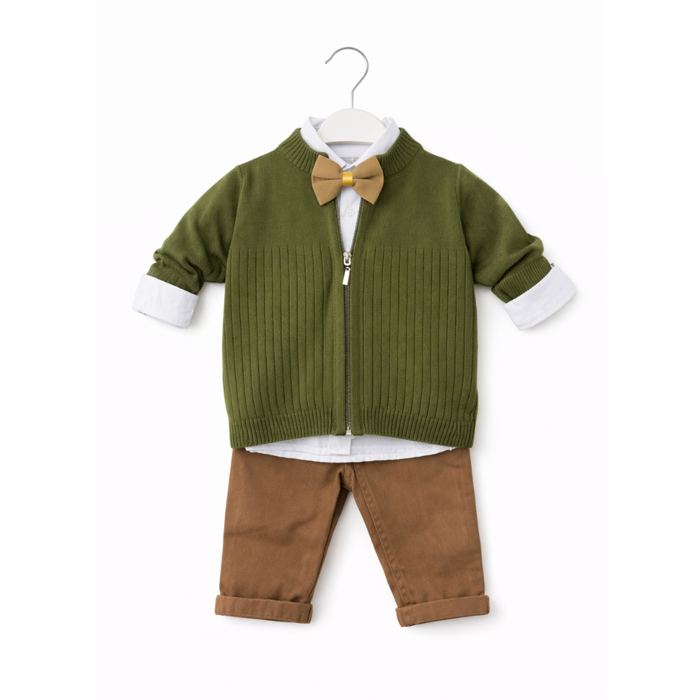 Baby Boy Olive Green 3 Set Outfit - طقم أطفال ولادي زيتي مخطط 3 قطع