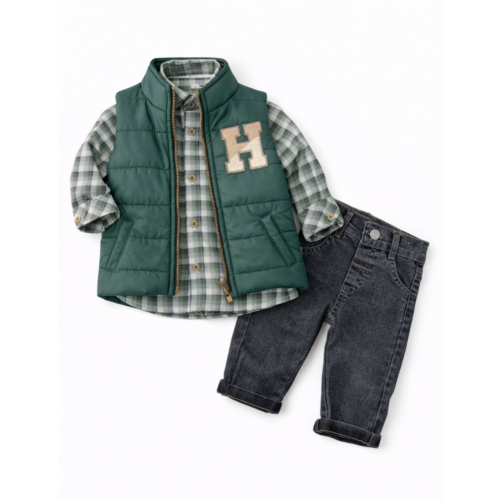 Baby Boy Green Checked 3-Piece Outfit Set - طقم أطفال ولادي أخضر كاروهات – 3 قطع
