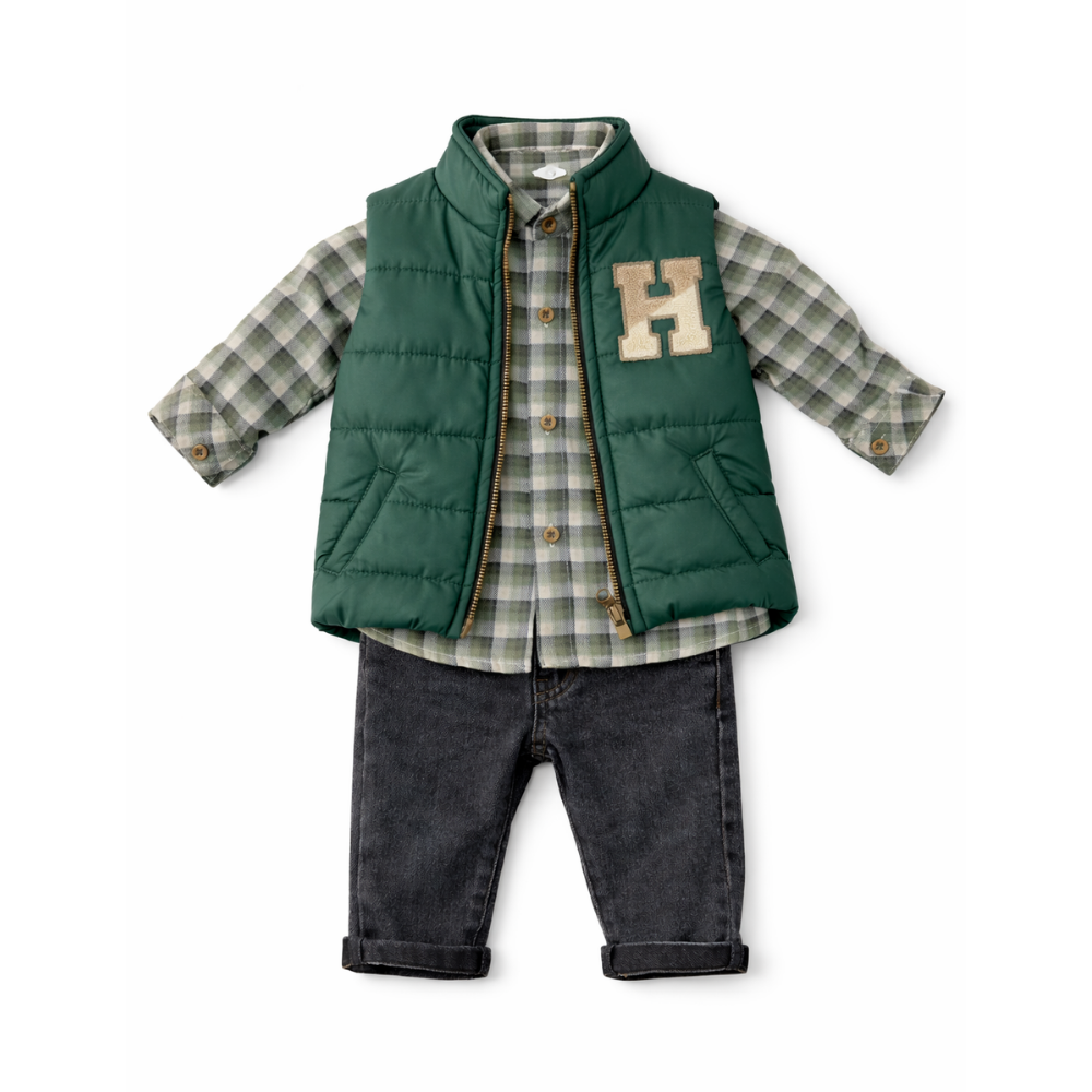 Baby Boy Green Checked 3-Piece Outfit Set - طقم أطفال ولادي أخضر كاروهات – 3 قطع