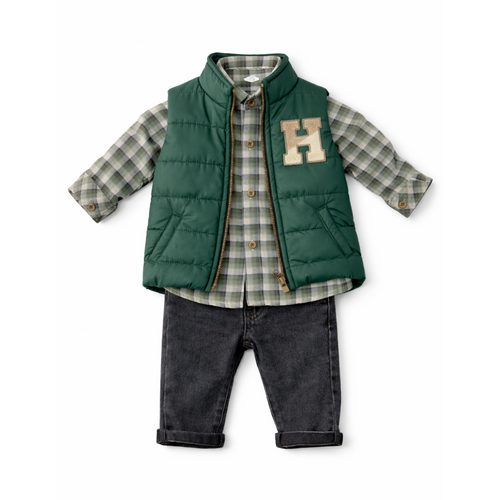 Baby Boy Green Checked 3-Piece Outfit Set - طقم أطفال ولادي أخضر كاروهات – 3 قطع