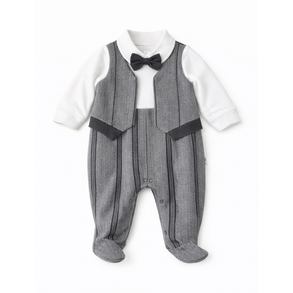 Baby Boy Grey Formal Overall with Bow Tie - أفرول أطفال ولادي رمادي رسمي مع بابيون