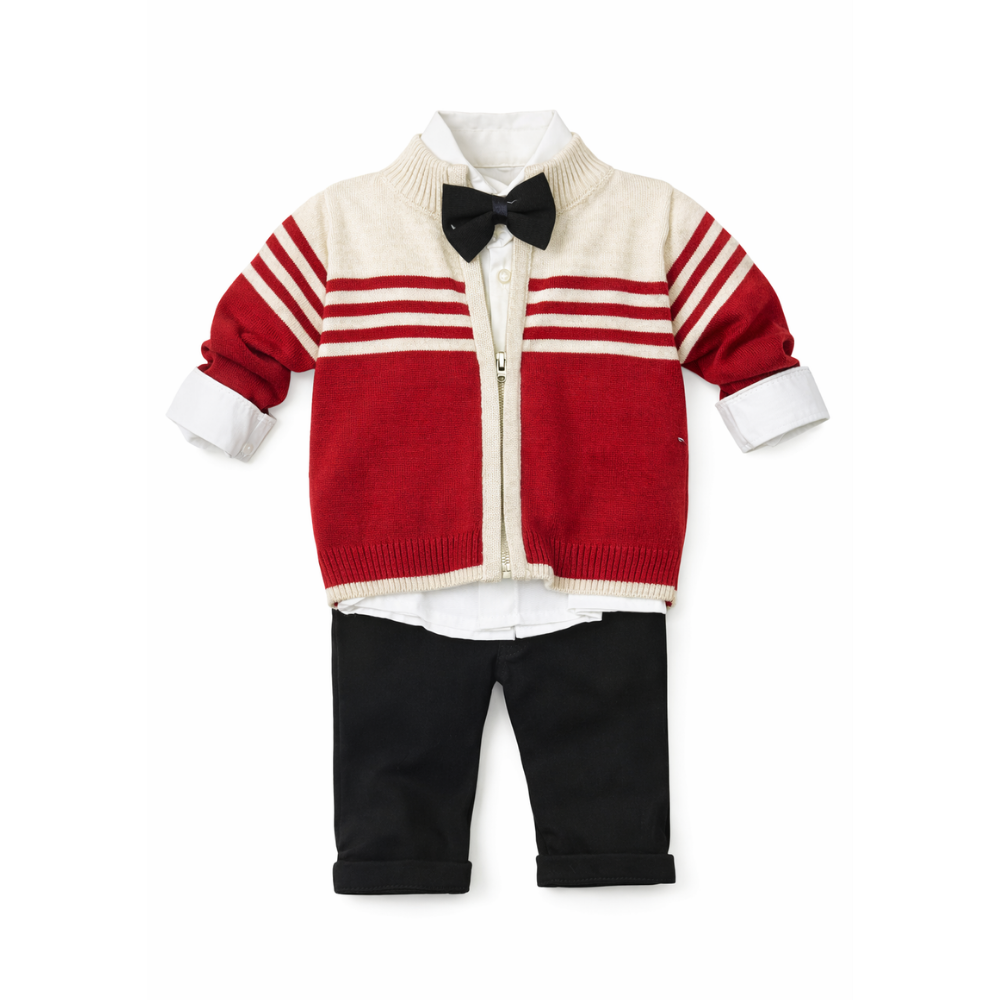 Baby Boy Red Striped 3 Set Outfit - طقم أطفال ولادي أحمر مخطط 3 قطع