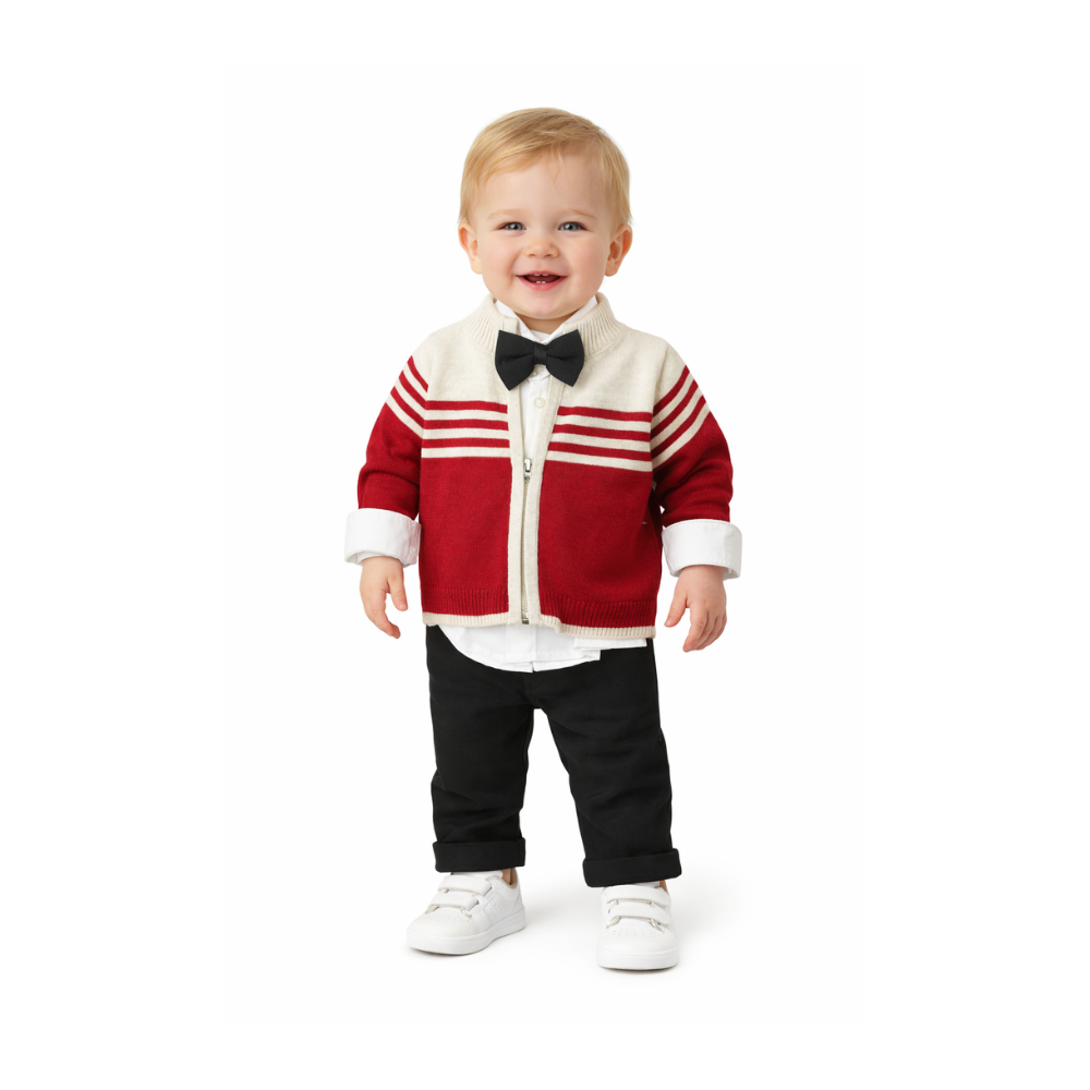 Baby Boy Red Striped 3 Set Outfit - طقم أطفال ولادي أحمر مخطط 3 قطع