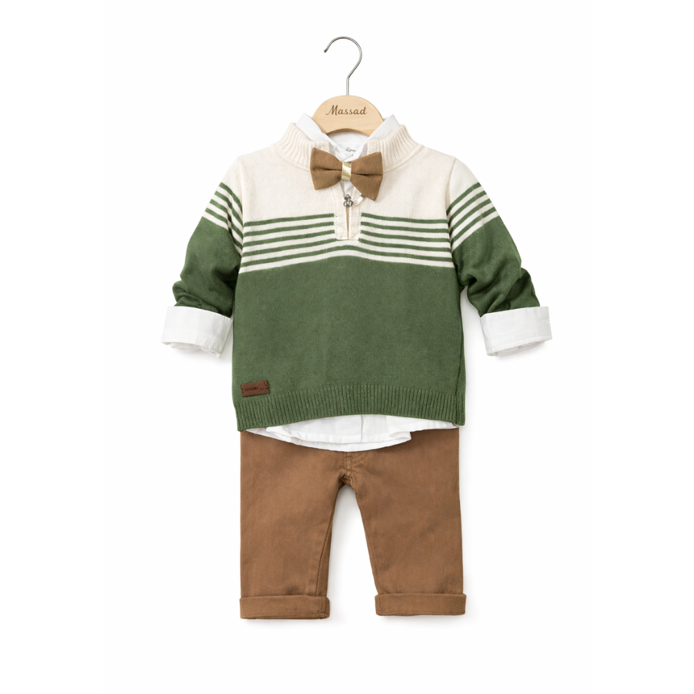 Baby Boy Green Striped 3 Set Outfit - طقم أطفال ولادي أخضر مخطط 3 قطع