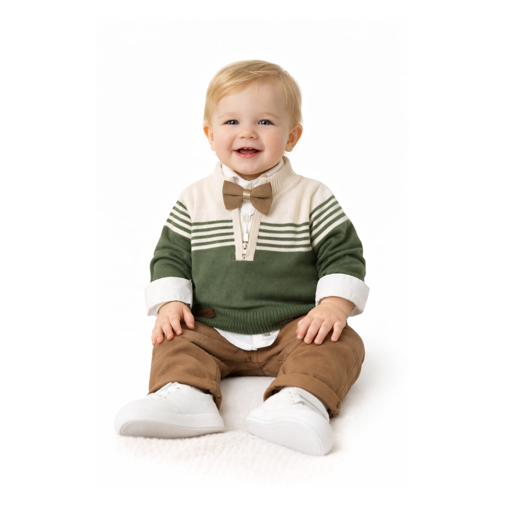 Baby Boy Green Striped 3 Set Outfit - طقم أطفال ولادي أخضر مخطط 3 قطع