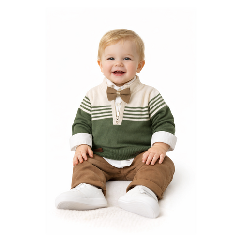 Baby Boy Green Striped 3 Set Outfit - طقم أطفال ولادي أخضر مخطط 3 قطع